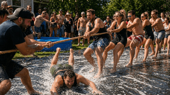Tug-of-War on a Wet Tarp outdoor party game for adults
